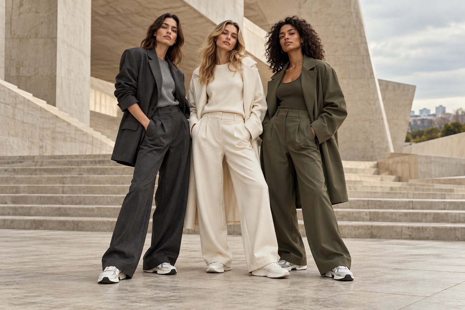 Three adult women wearing contemporary streetwear in an urban fashion campaign