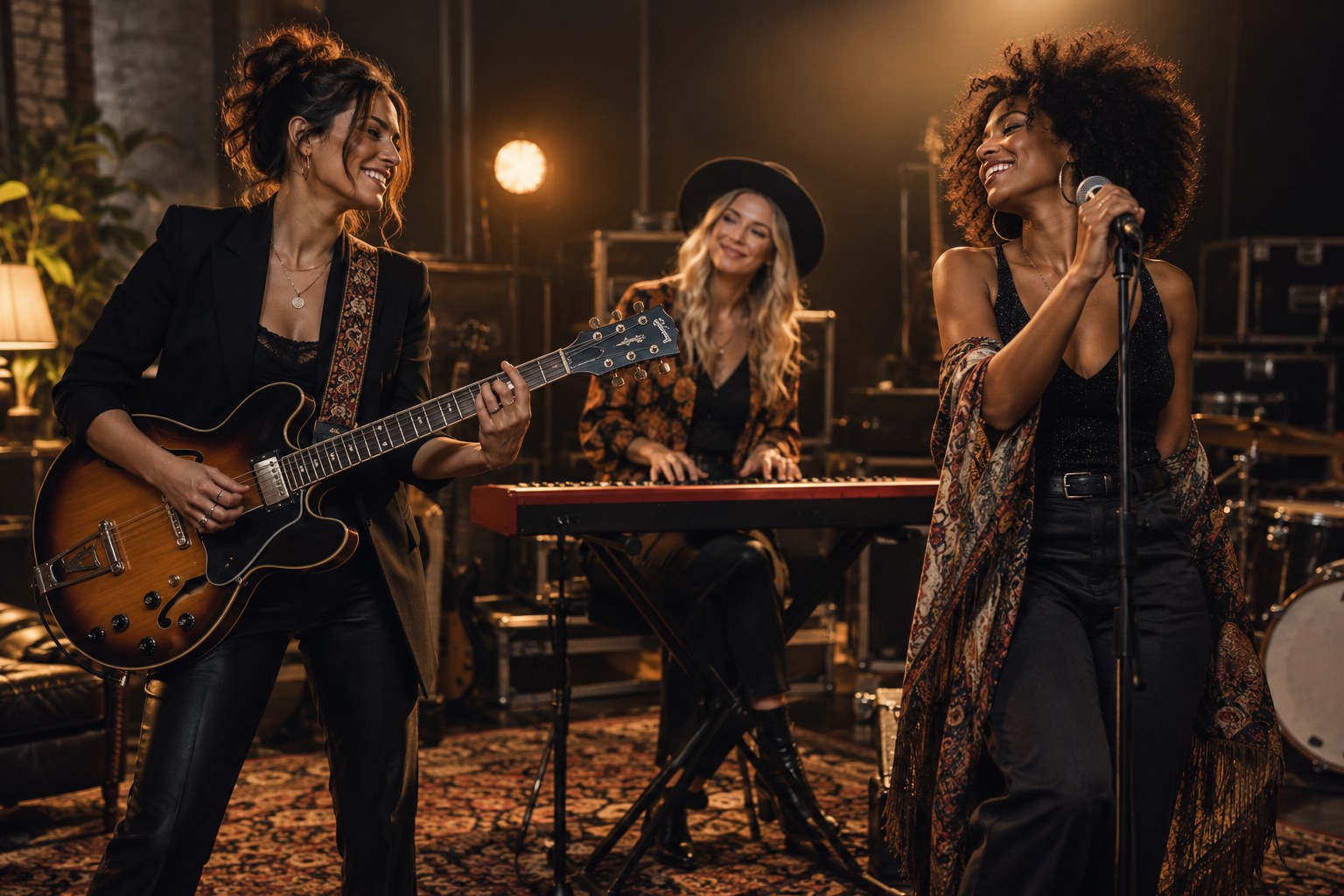 Three adult female musicians in a cinematic rehearsal studio